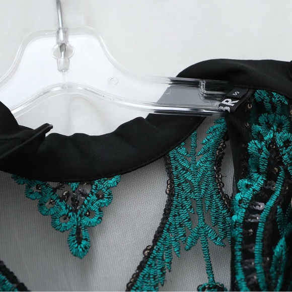 CBR Emerald green sequinned embroidered mesh dress gold detail black cocktail S - Picture 7 of 10